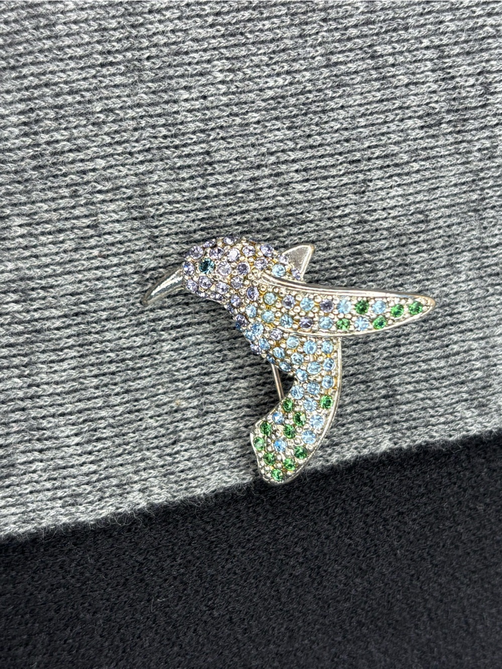 Vintage Monet Hummingbird Brooch Blue Green Rhinestone Silver Tone Signed
